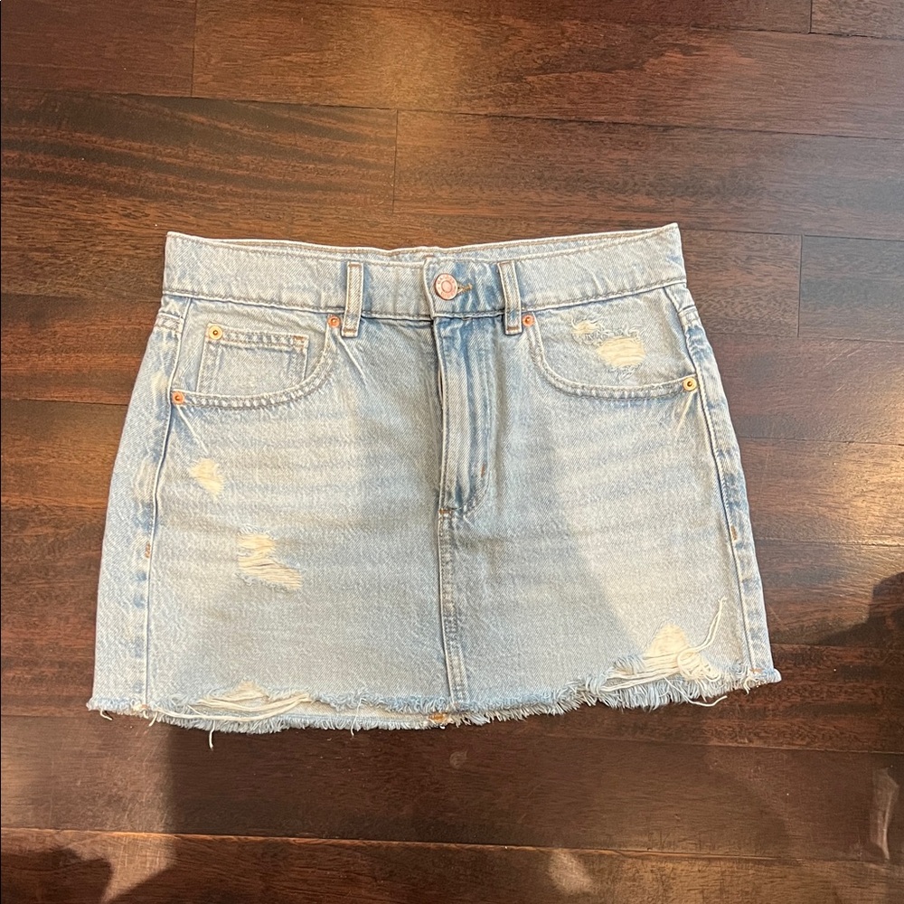 Garage Distressed Light Blue Denim Mini Skirt